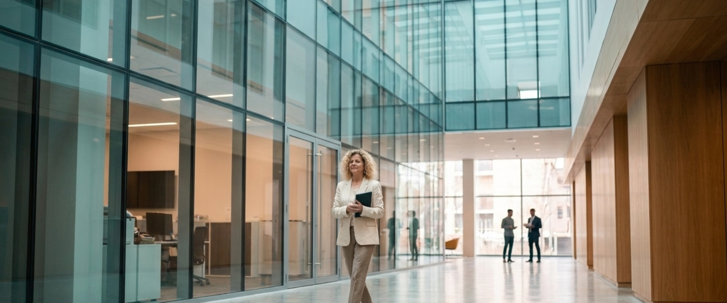 Margalit walking through a glass atrium carrying a notebook