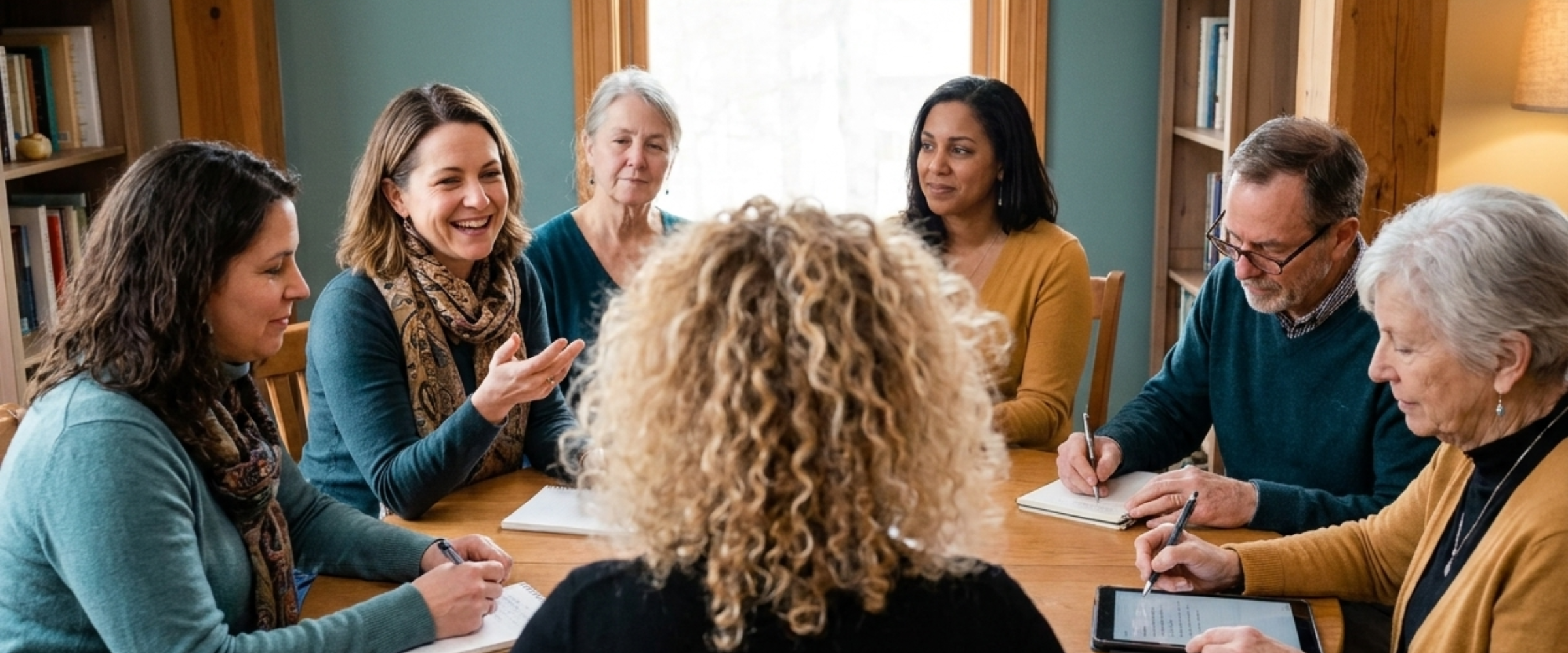 Margalit facilitating a peer group discussion around a wooden table