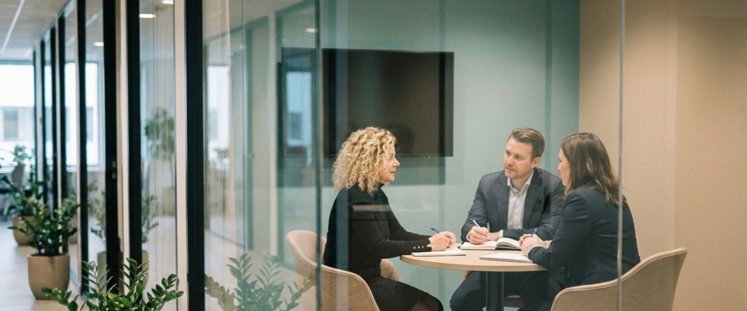 Margalit in a glass walled meeting room, working with two executives at a round table