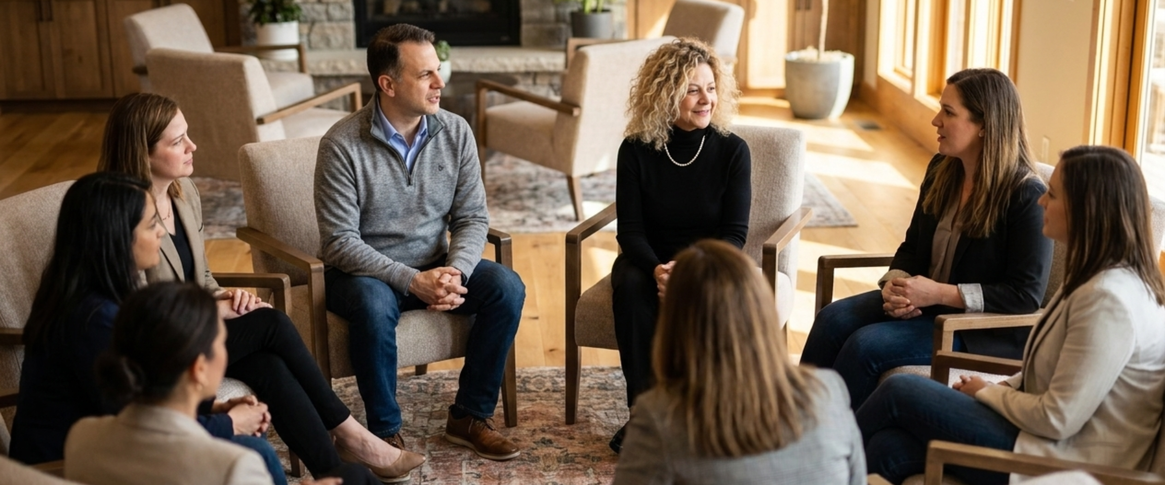 Margalit and Paul in an armchair circle with a small group of business owners