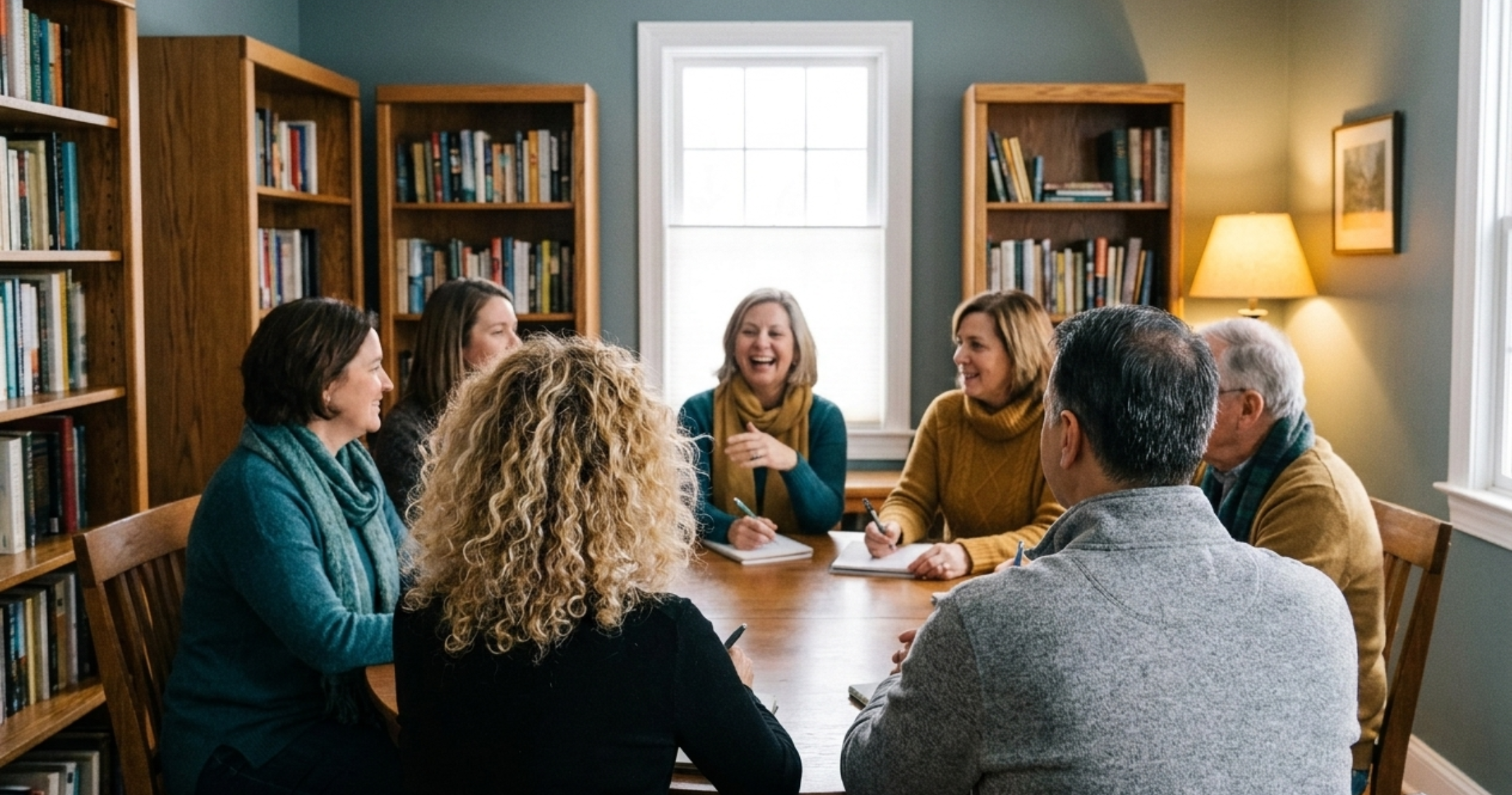 A peer group of business owners laughing around a library table, Margalit at the center