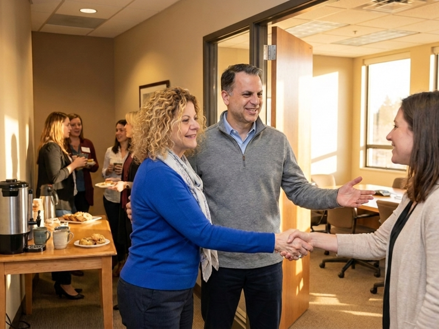Margalit and Paul welcoming a guest at the door of the meeting room