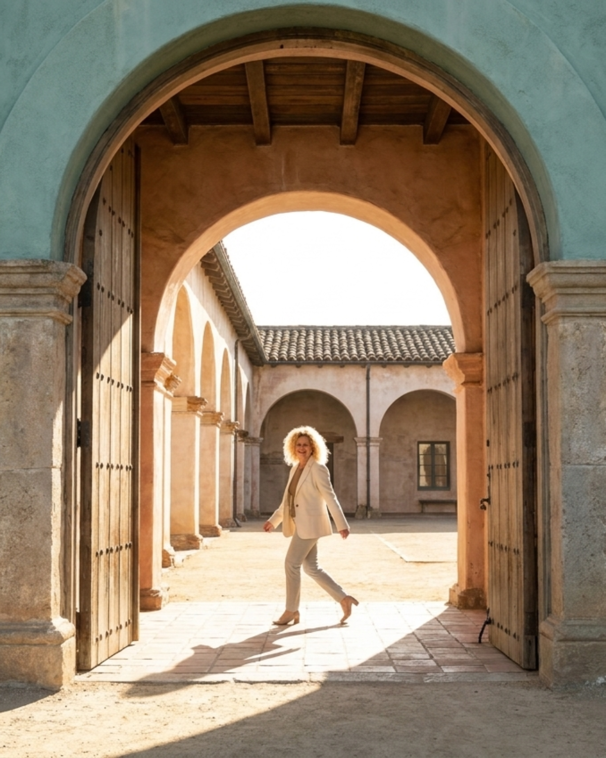Margalit walking through a large teal archway into a sunlit courtyard.