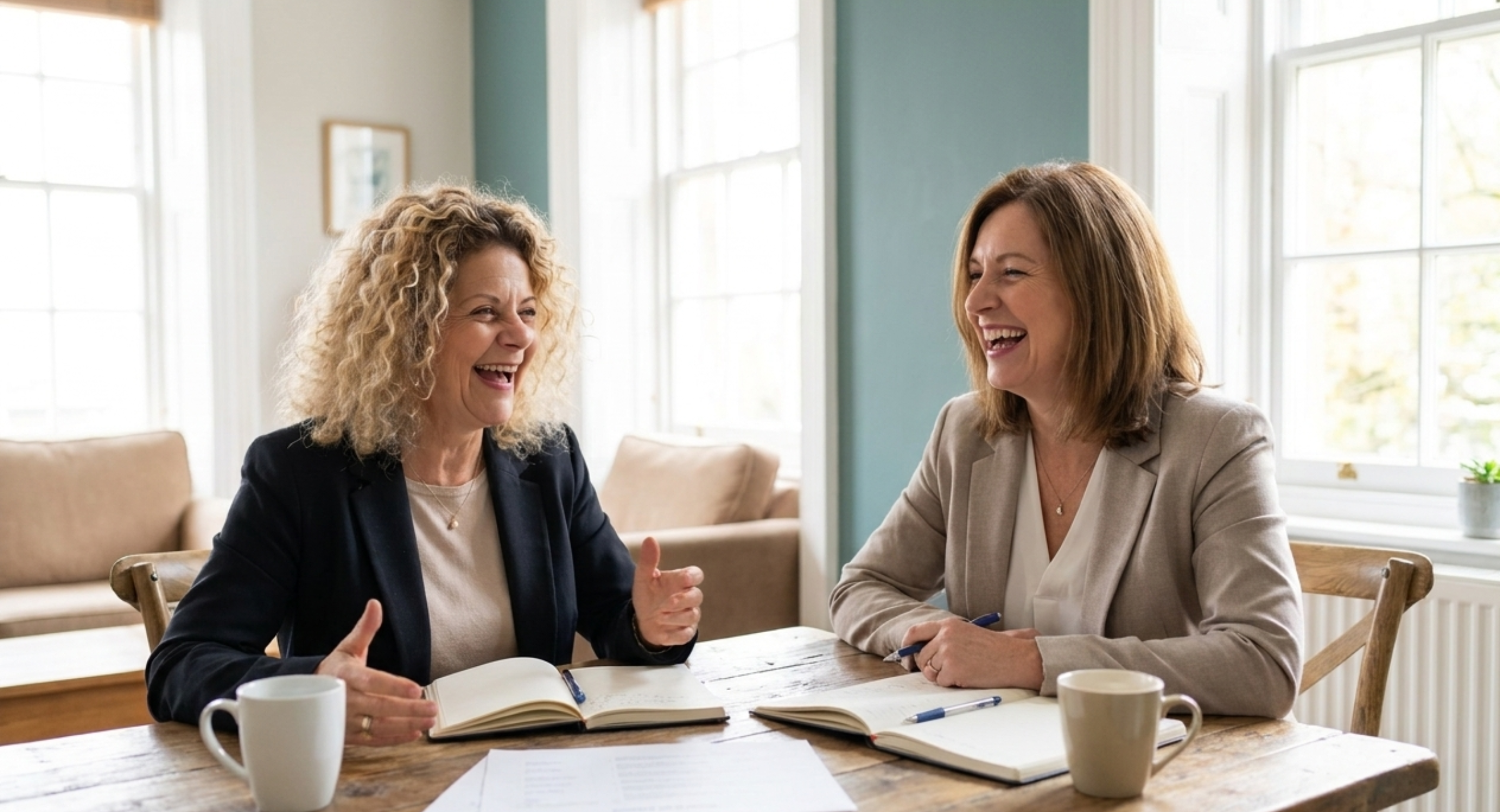 Margalit laughing with a client across a wooden table, notebooks open