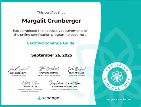 Certificate: Margalit Grunberger has completed the requirements to become a Certified xchange Guide, September 26, 2025
